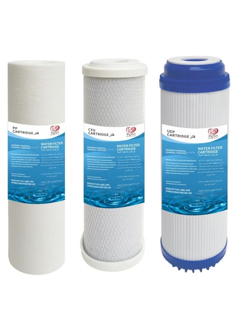 Rosa 3-Stage Water Filter Cartridge Set – PP Sediment, Granular Activated Carbon (UDF), Block Activated Carbon (CTO) – 10" Universal fit - Image 2